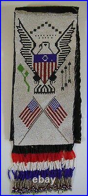 Sioux style beaded pipe tobacco bag pouch pictorial eagle flags Native American