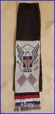 Sioux style beaded pipe tobacco bag pouch pictorial eagle flags Native American