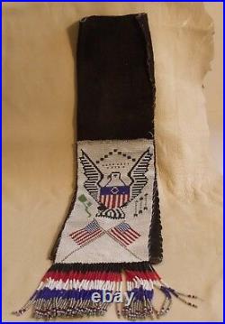 Sioux style beaded pipe tobacco bag pouch pictorial eagle flags Native American