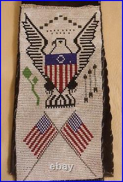 Sioux style beaded pipe tobacco bag pouch pictorial eagle flags Native American