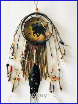 Spirit Sacred Buffalo Shield Native American Indian Style Hoop Wall Hanging Ooak