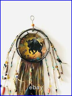 Spirit Sacred Buffalo Shield Native American Indian Style Hoop Wall Hanging Ooak