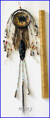 Spirit Sacred Buffalo Shield Native American Indian Style Hoop Wall Hanging Ooak