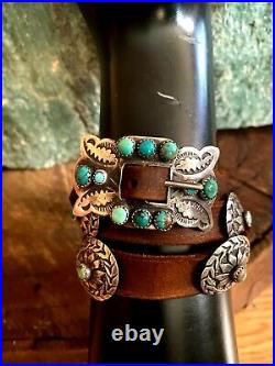 Sterling Silver Leather Natural Turquoise Old Dime Concho Bracelet