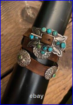 Sterling Silver Leather Natural Turquoise Old Dime Concho Bracelet