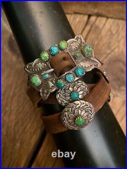 Sterling Silver Leather Natural Turquoise Old Dime Concho Bracelet