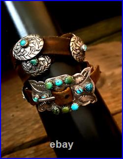 Sterling Silver Leather Natural Turquoise Old Dime Concho Bracelet