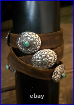 Sterling Silver Leather Natural Turquoise Old Dime Concho Bracelet