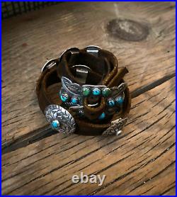 Sterling Silver Leather Natural Turquoise Old Dime Concho Bracelet