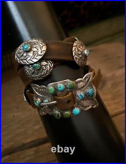 Sterling Silver Leather Natural Turquoise Old Dime Concho Bracelet