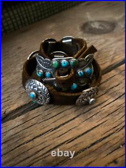 Sterling Silver Leather Natural Turquoise Old Dime Concho Bracelet