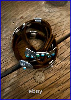 Sterling Silver Leather Natural Turquoise Old Dime Concho Bracelet