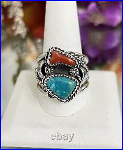 Sterling Silver Men's Native American Leaf Detailed Turquoise Coral Ring Band