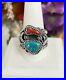 Sterling Silver Men's Native American Leaf Detailed Turquoise Coral Ring Band