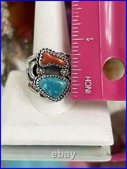 Sterling Silver Men's Native American Leaf Detailed Turquoise Coral Ring Band