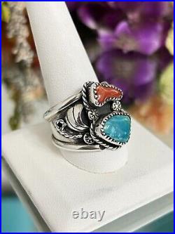 Sterling Silver Men's Native American Leaf Detailed Turquoise Coral Ring Band