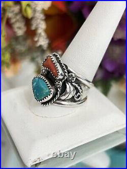 Sterling Silver Men's Native American Leaf Detailed Turquoise Coral Ring Band