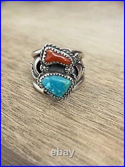 Sterling Silver Men's Native American Leaf Detailed Turquoise Coral Ring Band