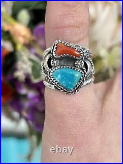 Sterling Silver Men's Native American Leaf Detailed Turquoise Coral Ring Band