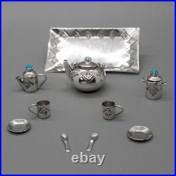 TEN PIECE MINIATURE STERLING TEA SET withTURQUOISE by WESLEY WHITMAN-NAVAJO