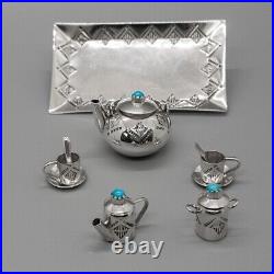 TEN PIECE MINIATURE STERLING TEA SET withTURQUOISE by WESLEY WHITMAN-NAVAJO