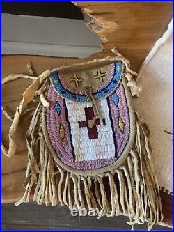 Tobacco Pouch, Beaded Native American Fringe Purse Raw Leather Beadwork Bag