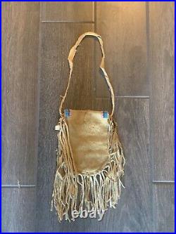 Tobacco Pouch, Beaded Native American Fringe Purse Raw Leather Beadwork Bag