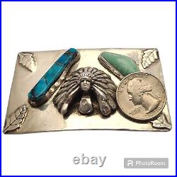 Turquoise Silver Belt Buckle INDIAN CHIEF Head Southwest Native American LRG