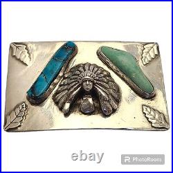 Turquoise Silver Belt Buckle INDIAN CHIEF Head Southwest Native American LRG