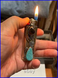 Turquoise oval Stone Bic Lighter Cover Case Leaf Native American In Excellent Co