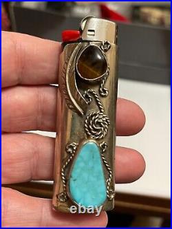 Turquoise oval Stone Bic Lighter Cover Case Leaf Native American In Excellent Co