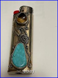 Turquoise oval Stone Bic Lighter Cover Case Leaf Native American In Excellent Co