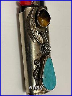 Turquoise oval Stone Bic Lighter Cover Case Leaf Native American In Excellent Co