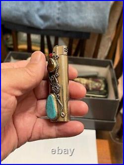 Turquoise oval Stone Bic Lighter Cover Case Leaf Native American In Excellent Co