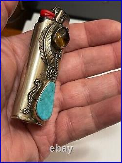 Turquoise oval Stone Bic Lighter Cover Case Leaf Native American In Excellent Co