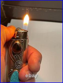 Turquoise oval Stone Bic Lighter Cover Case Leaf Native American In Excellent Co