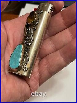 Turquoise oval Stone Bic Lighter Cover Case Leaf Native American In Excellent Co