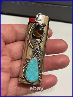 Turquoise oval Stone Bic Lighter Cover Case Leaf Native American In Excellent Co