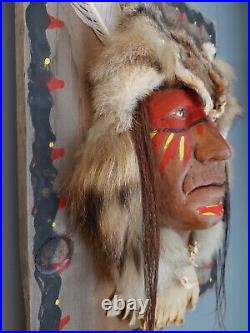 Unique Native American Inspired 3D Life-size Painted Indian Head Fur Wall Decor