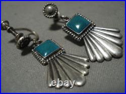 VERY RARE VTG 1920s NATIVE AMERICAN EARRINGS'SQUARED' TURQUOISE SILVER