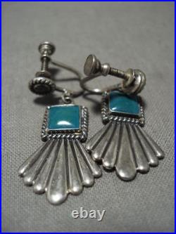 VERY RARE VTG 1920s NATIVE AMERICAN EARRINGS'SQUARED' TURQUOISE SILVER