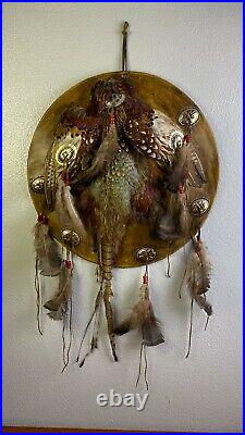 VINTAGE Native American Indian Leather Shield with Real Fowl and Conchos C200