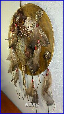 VINTAGE Native American Indian Leather Shield with Real Fowl and Conchos C200