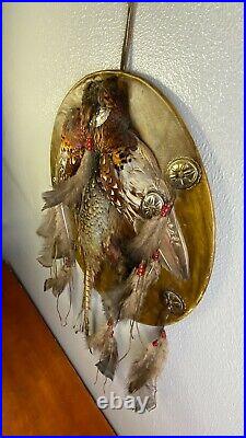 VINTAGE Native American Indian Leather Shield with Real Fowl and Conchos C200