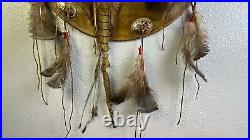 VINTAGE Native American Indian Leather Shield with Real Fowl and Conchos C200