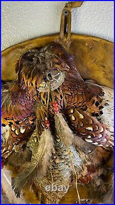 VINTAGE Native American Indian Leather Shield with Real Fowl and Conchos C200