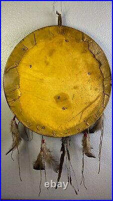 VINTAGE Native American Indian Leather Shield with Real Fowl and Conchos C200