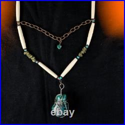 VINTAGE Native American Indian Turquoise, Copal and Beads Double Drop Necklace