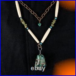 VINTAGE Native American Indian Turquoise, Copal and Beads Double Drop Necklace