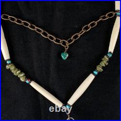 VINTAGE Native American Indian Turquoise, Copal and Beads Double Drop Necklace